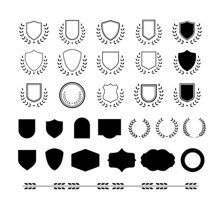 Vetor escudos medievais com estrelas e coroas de louro conjunto ilustração vetorial escudo com coroa de louro