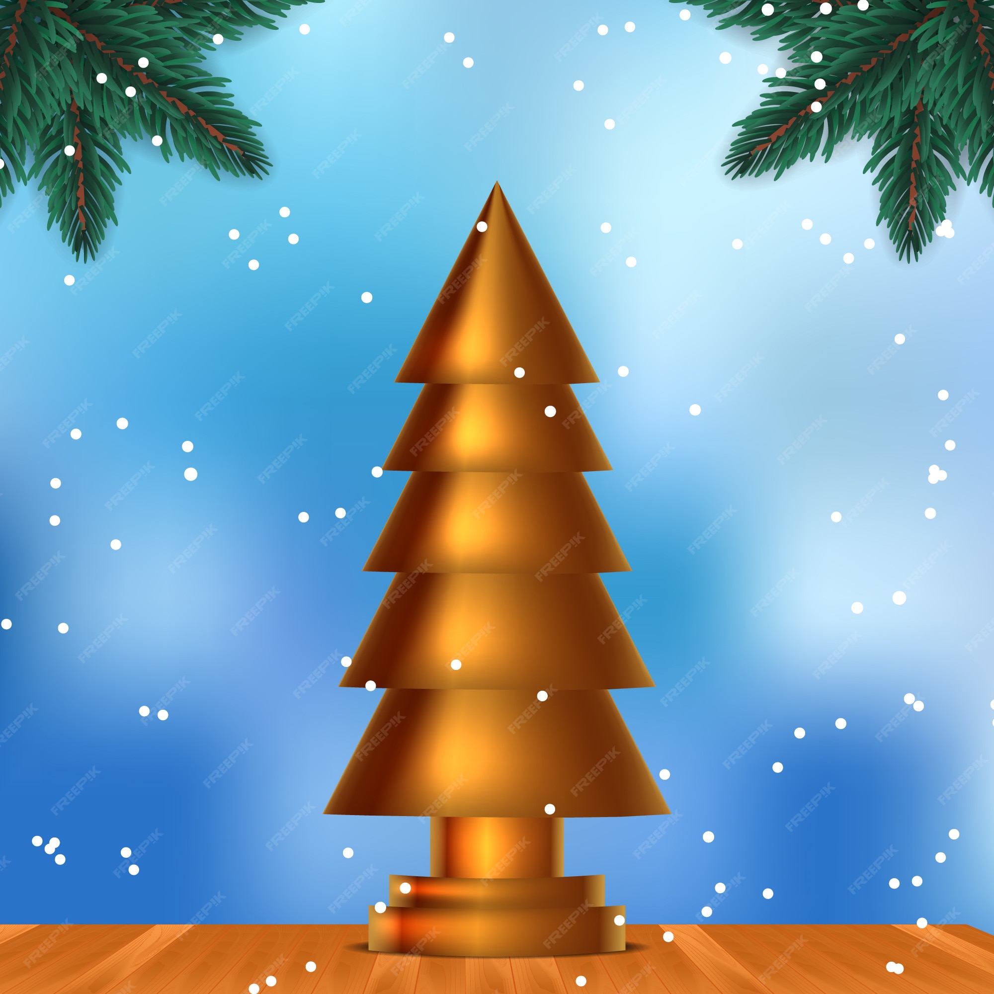 Escultura de árvore de natal dourada. beleza elegante e design de luxo na madeira com fundo de céu azul e floco de neve. abeto deixa decoração guirlanda. celebração de natal | Vetor Escultura de árvore de natal dourada. beleza elegante e design de luxo na madeira com fundo de céu azul e floco de neve. abeto deixa decoração guirlanda. celebração de natal | Vetor