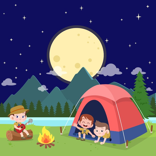 Escuteiros de crianças na ilustração de acampamento