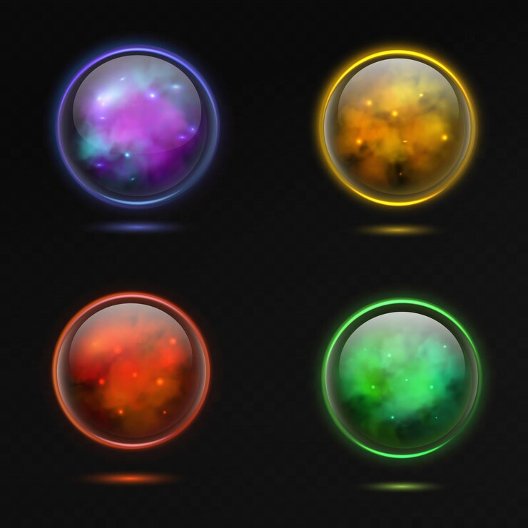 Vetor esfera mágica. globo mágico 3d brilhante de vidro e relâmpago e plasma brilhantes, orbe de cristal espiritual, energia de brilho oculta roxa e amarela, bolas vermelhas e verdes, conjunto isolado de vetor realista colorido