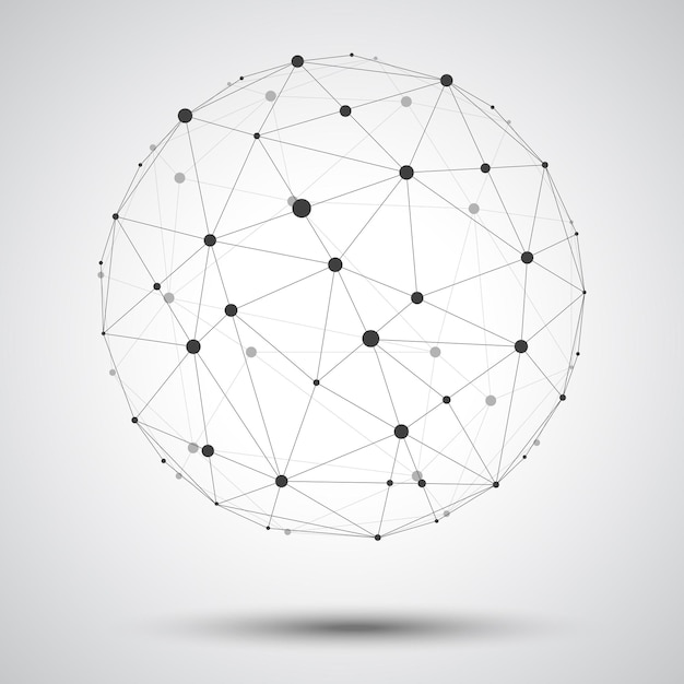 Esfera vetorial abstrata e estrutura de arame linhas poligonais conectam ponto isolado em fundo branco Estrutura de conexão e conceito de tecnologia geométrica Ilustração vetorial