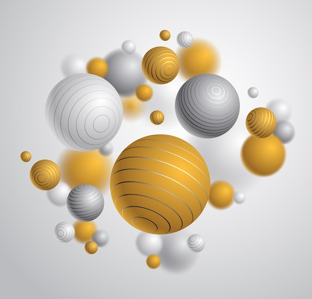 Esferas abstratas de fundo vector, composição de bolas voadoras decoradas com linhas, globos realistas mistos 3d, profundidade realista de efeito de campo.