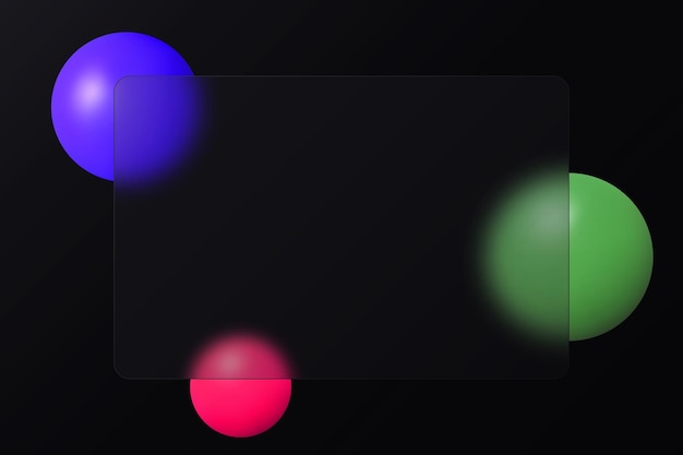 Vetor esferas coloridas e bandeira de vidro retangular transparente com fundo preto
