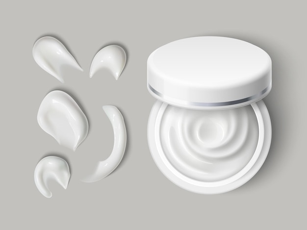Esfregaços para recipientes de creme. Frasco cosmético redondo aberto para cuidados com a pele realista com manchas brancas, produto de beleza de vista superior com tampa deslocada, conjunto de vetores