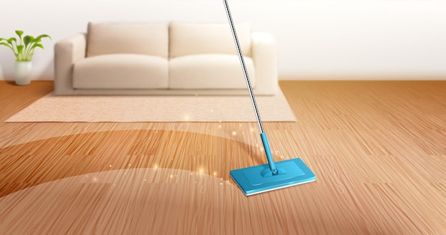 Esfregão limpando chão de parquet sujo