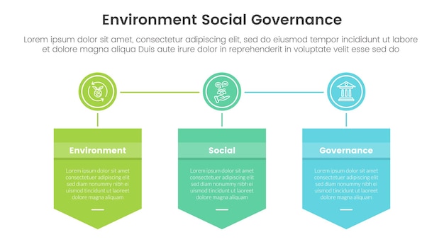 Esg infográfico ambiental, social e de governança modelo de estágio de 3 pontos com caixa de crachá e círculo conectado para apresentação de slides