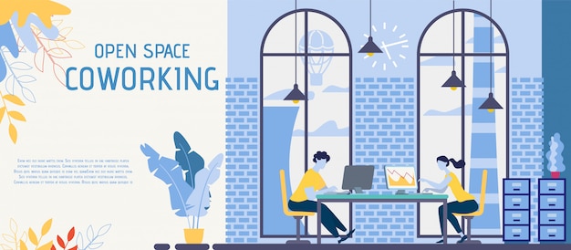 Espaço aberto, banner de escritório de coworking.