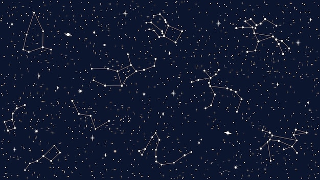 Vetor espaço céu celestial padrão contínuo de estrelas mapa