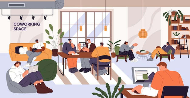 Espaço de coworking área de negócios moderna interior de escritório corporativo pessoas freelancers grupo de trabalho juntos em laptops computadores mesas de reunião mesas de trabalho aconchegante ilustração vetorial plana