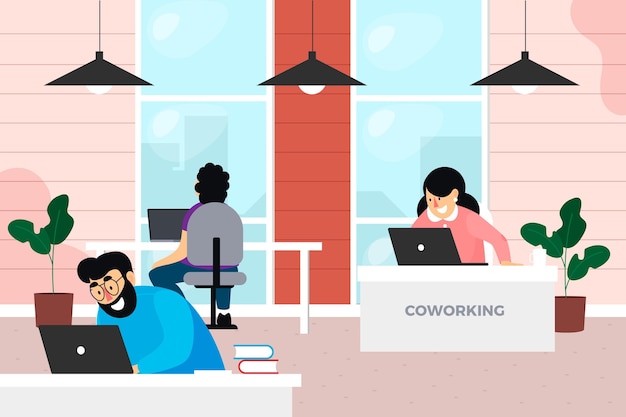 Vetor espaço de coworking desenhado à mão plana