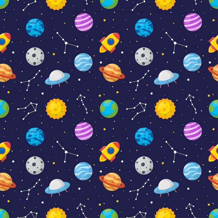 Vetor espaço de desenho sem costura padrão com planetas