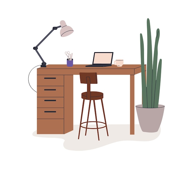 Espaço de trabalho com cadeira de laptop de mesa de madeira Lugar de trabalho confortável com lâmpada de mesa, computador de notebook e xícara de café Móveis de escritório de trabalho Ilustração vetorial plana isolada em fundo branco