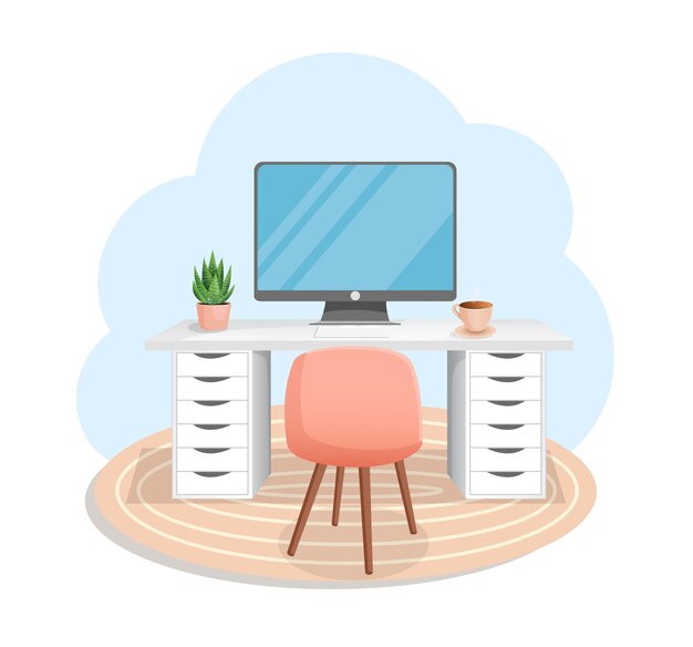 Espaço de trabalho com mesa de computador, cadeira de planta, tapete e copo para escritório em casa