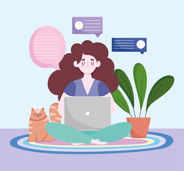 Espaço de trabalho de escritório em casa, freelancer usando laptop com gato e planta no chão.