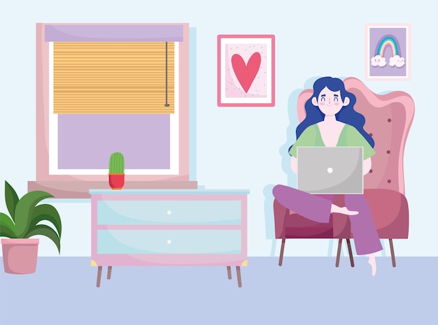 Espaço de trabalho de escritório em casa, mulher freelancer trabalha atrás de um laptop, plantas de mesa de cadeira de sala e janela.