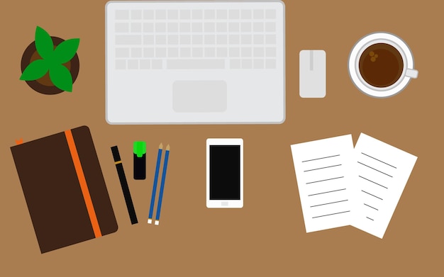 Espaço de trabalho de mesa de vista superior