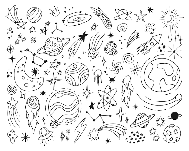 Espaço doodles estrelas fofas planetas esboçar desenho nave espacial ufo planeta galáxia lua asteróide conjunto de vetores