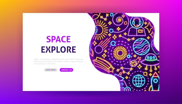 Vetor espaço explore a página inicial do neon. ilustração em vetor de promoção cósmica.