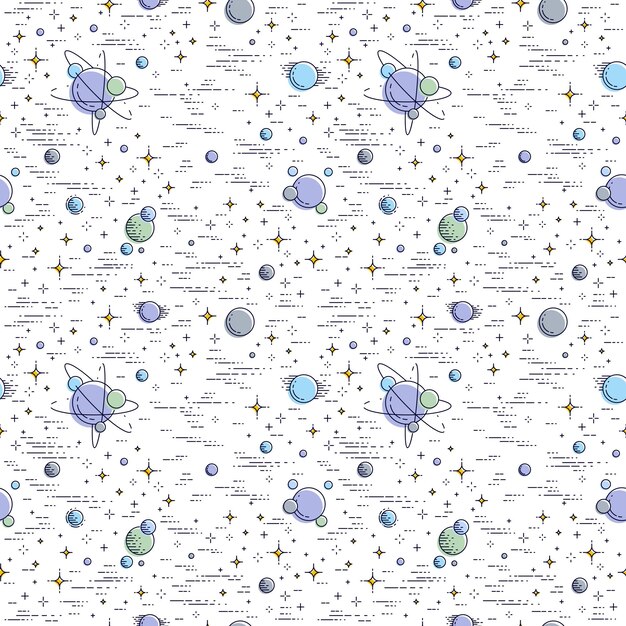 Vetor espaço sem costura de fundo com planetas, estrelas, asteróides e cometas, tecido têxtil cósmico fantástico e interessante de galáxia desconhecida para crianças, padrão de azulejos sem fim, ilustração vetorial.