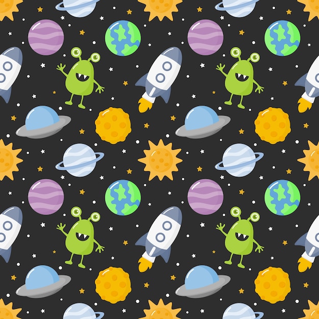 espaço sem costura padrão dos desenhos animados. planetas isoladas no fundo preto
