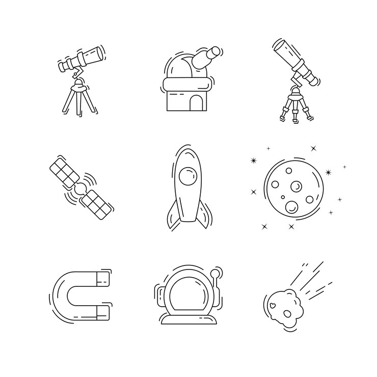 Vetor espaço thin line icon set com observatório telescópio planeta