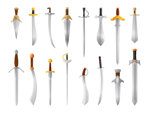 Espada medieval de desenho animado Arma de lâmina de metal cavaleiro sabre e punhal de guerra Espadas antigas isoladas conjunto de ilustração vetorial