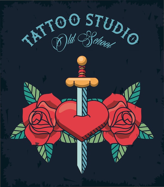 Vetor espada no logotipo do estúdio de tatuagem de coração