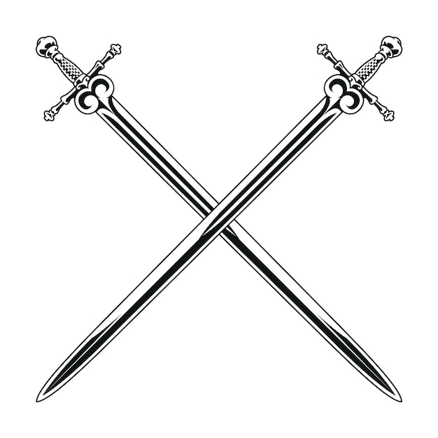 Vetor espadas cruzadas vetor preto e branco espadas de cavaleiro europeu medieval genuínas isoladas em branco