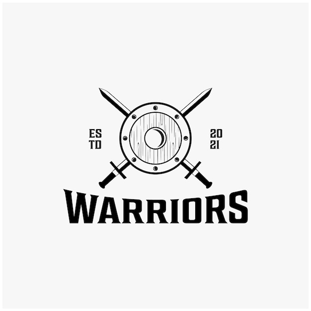 Espadas de guerreiros vintage e design de logotipo de escudo