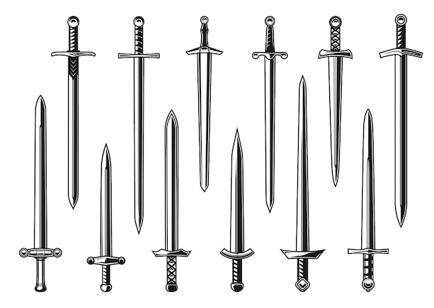 Vetor espadas retas do cavaleiro europeu vector design com a arma do guerreiro do exército medieval. punhal isolado, faca ou espada larga com lâminas de dois gumes, punhos, protetores e pomo, tatuagem e design de heráldica