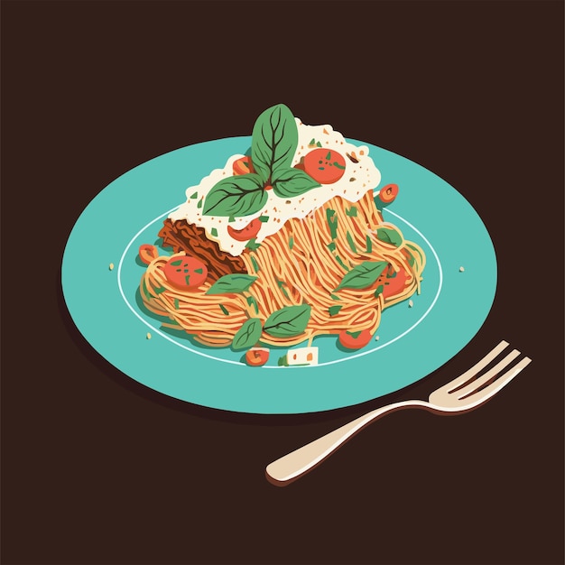 Espaguete à bolonhesa comida italiana no prato ilustração vetorial estilo de desenho animado