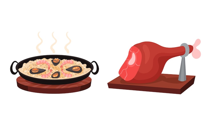 Vetor espanha atributos com prato de paella de frutos do mar e conjunto de vetores de jamão
