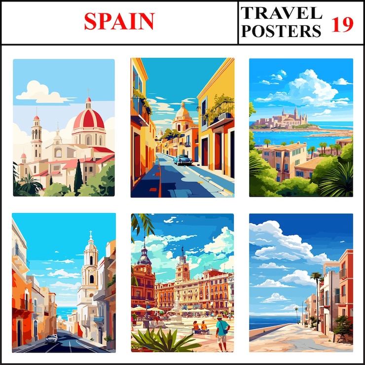 Vetor espanha granada jerez de la frontera palma de mallorca poster de viagem colecção de impressões de arte de parede set 19