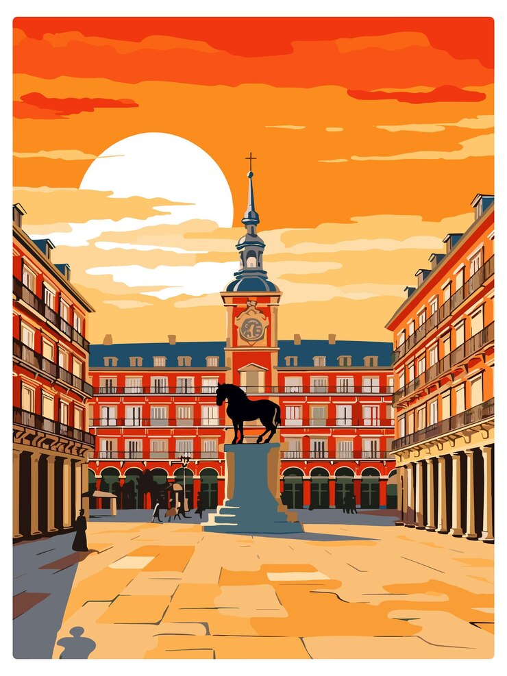 Vetor espanha madrid cartaz de viagem vintage souvenir cartão postal retrato pintura ilustração wpa