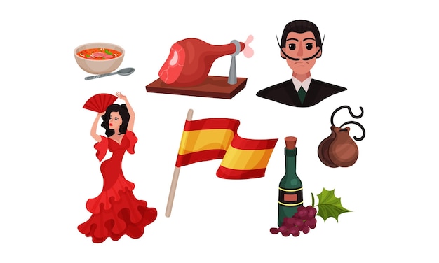 Vetor espanha marcos e símbolos com bandeira e mulher dançando flamenco vector set