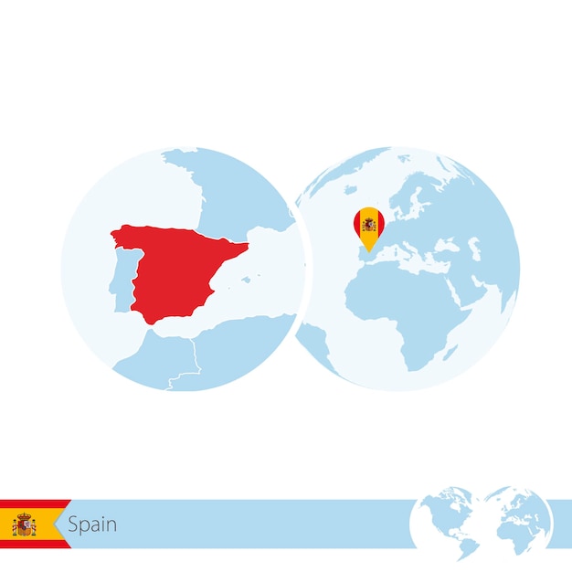 Espanha no globo do mundo com bandeira e mapa regional da espanha. ilustração vetorial.