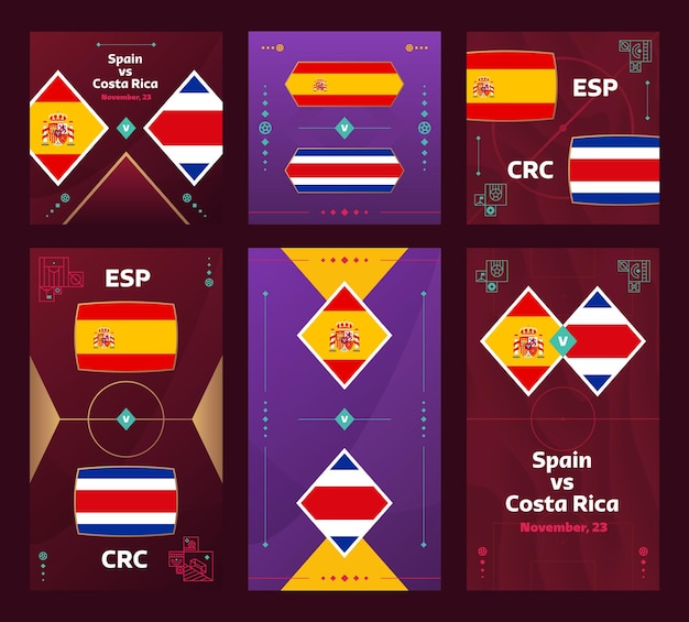 Espanha vs Costa Rica Match World Football 2022 banner vertical e quadrado definido para mídia social 2022