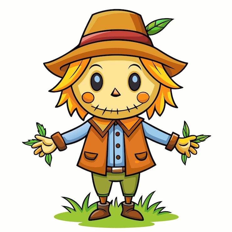 Vetor espantalho de desenho animado bonito com expressão divertida ilustração vetorial de desenhos animados