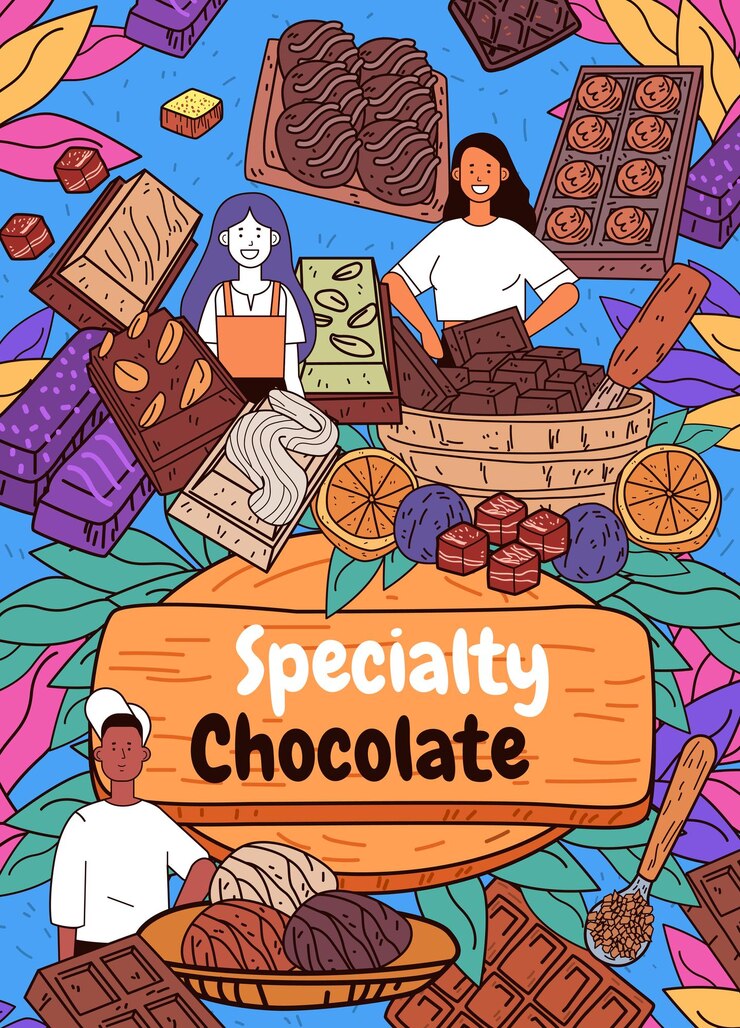 Vetor especialidade variedade de chocolate com pessoas diversas cercadas por várias folhas de chocolates nozes e