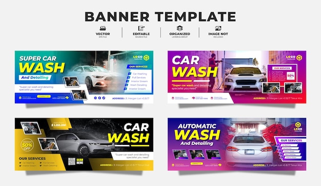 Vetor especialista em lavagem de carros e modelo de banner detalhado para promoção