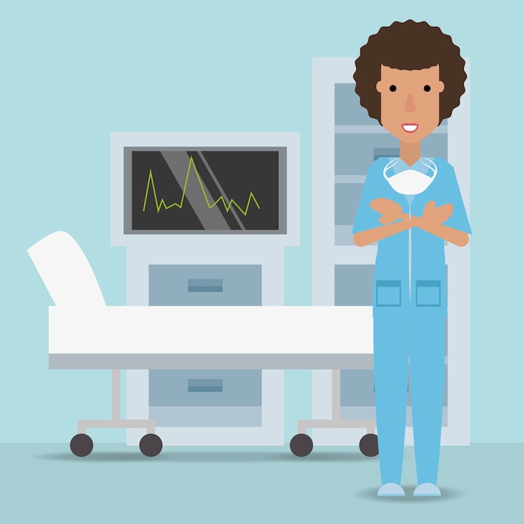 Vetor especialista mulher médico com maca e armário
