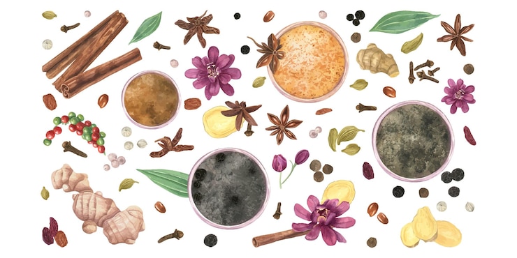 Vetor especiarias e ervas variadas canela cardamomo anis estrela dentes de pimenta gengibre e flores mistura de várias tigelas com especiarias aromáticas moídas ilustração a aquarela para conceito de bem-estar culinário