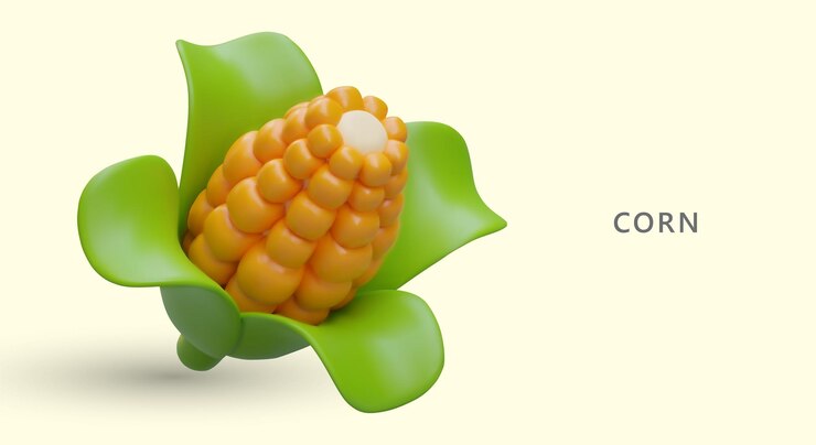 Vetor espiga de milho 3d com folhas verdes produto natural vegetariano milho maduro