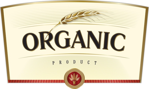 Vetor espiga de trigo dourada e produto orgânico de inscrição em fundo bege modelo para logotipo ou banner de rótulo de alimentos e bebidas