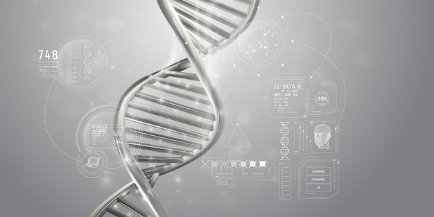 Espiral de DNA e infográficos de dados genéticos em cores cinza claro
