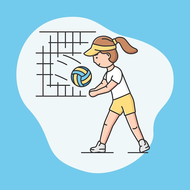 Vetor esporte ativo e conceito de estilo de vida saudável. jovem alegre joga voleibol na escola ou universidade. jogador de voleibol. jogos de equipes esportivas. ilustração em vetor estilo plano de contorno linear dos desenhos animados.