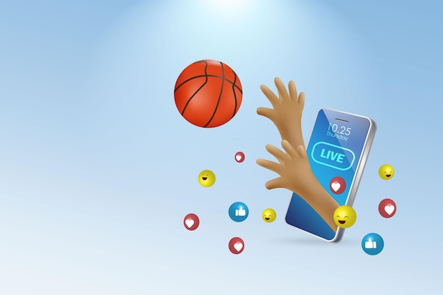 Esporte de basquete transmissão ao vivo no celular mãos do jogador de basquete atirando bola na tela virtual do smartphone com amor de mídia social e ícones como vetor 3d