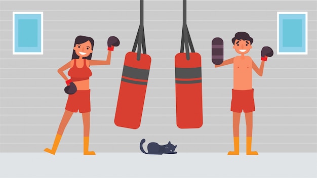 Esporte de boxe hobbies do amante atividades casais passam juntos, tempo com os entes queridos felicidade não há lugar como o conceito de casa, ilustração colorida em estilo cartoon plana.