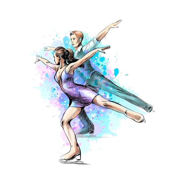 Esporte de inverno abstrato patinação artística jovem casal patinadores do respingo de aquarelas. esporte de inverno. ilustração de tintas.