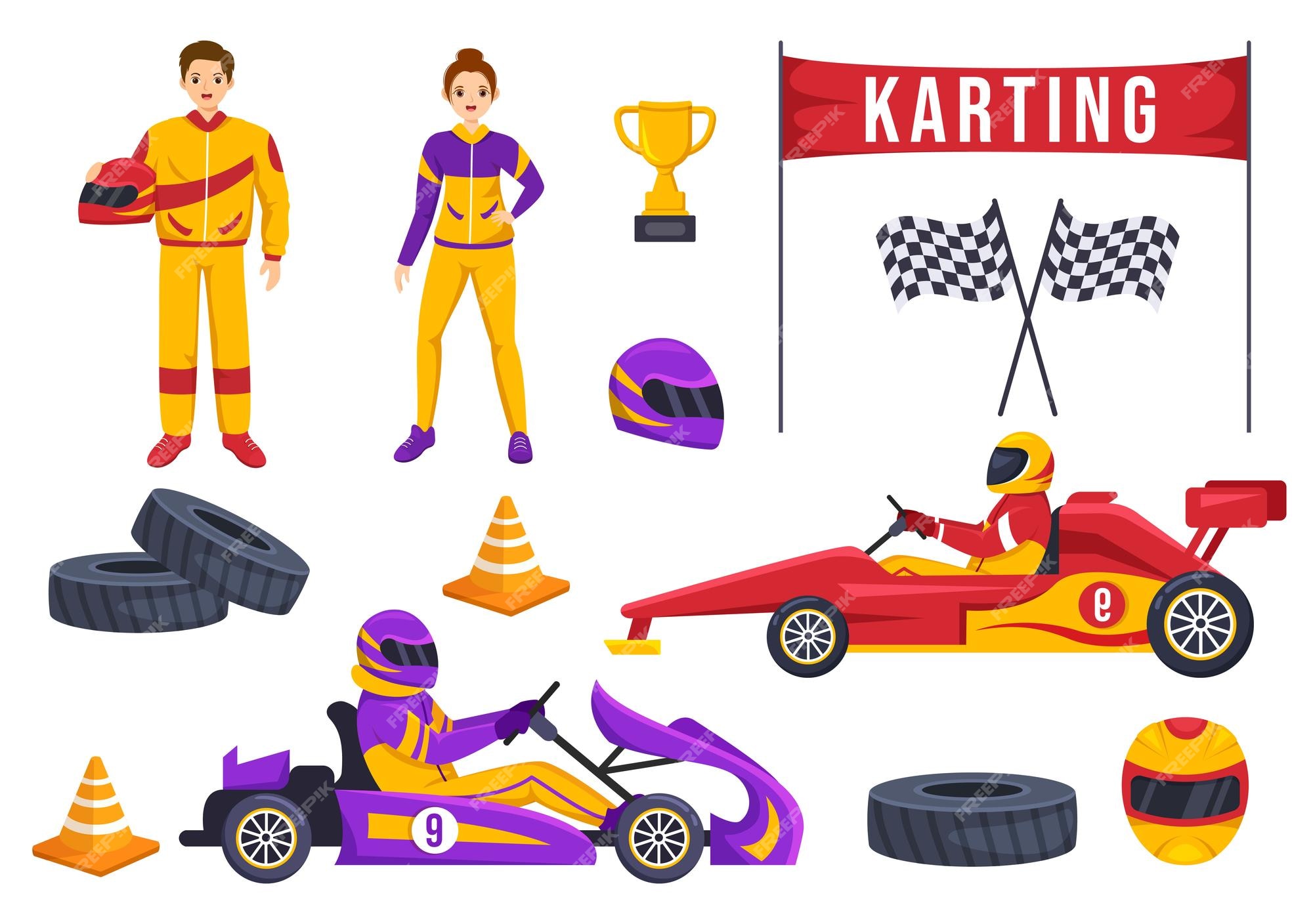 Esporte de kart com jogo de corrida go kart na pista de circuito em desenho  animado plano desenhado à mão ilustração